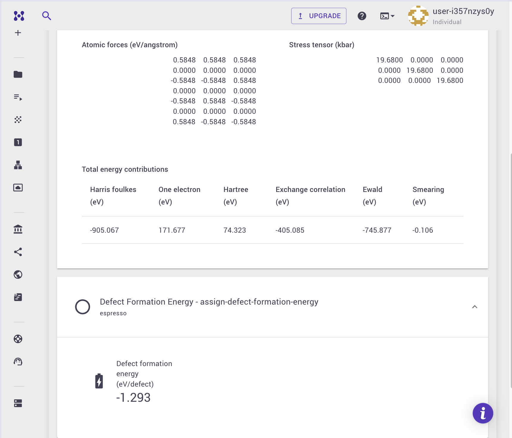 Job Viewer results for Defect Formation Energy